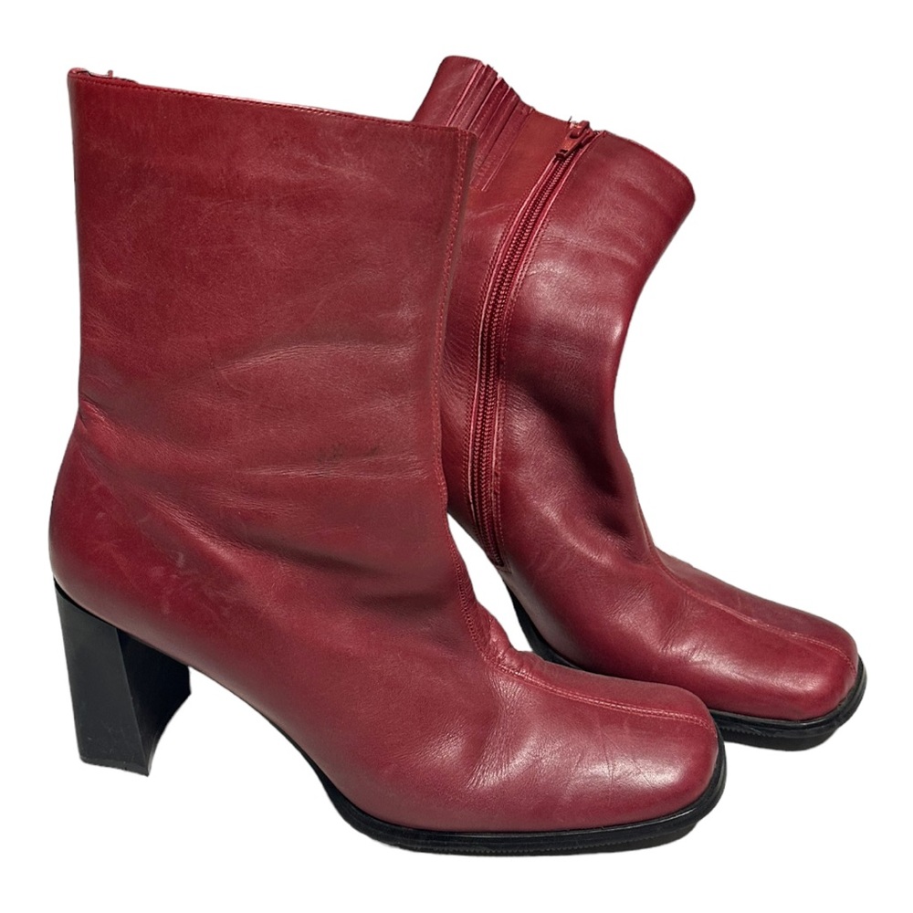 Cherry Red Leather Square Toe Heeled Boots